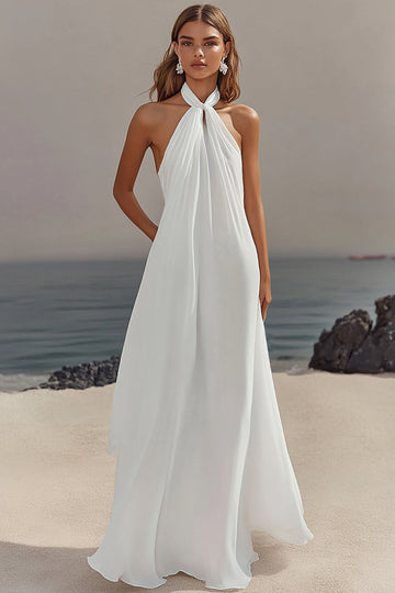 Robe longue de graduation en mousseline de soie blanche
